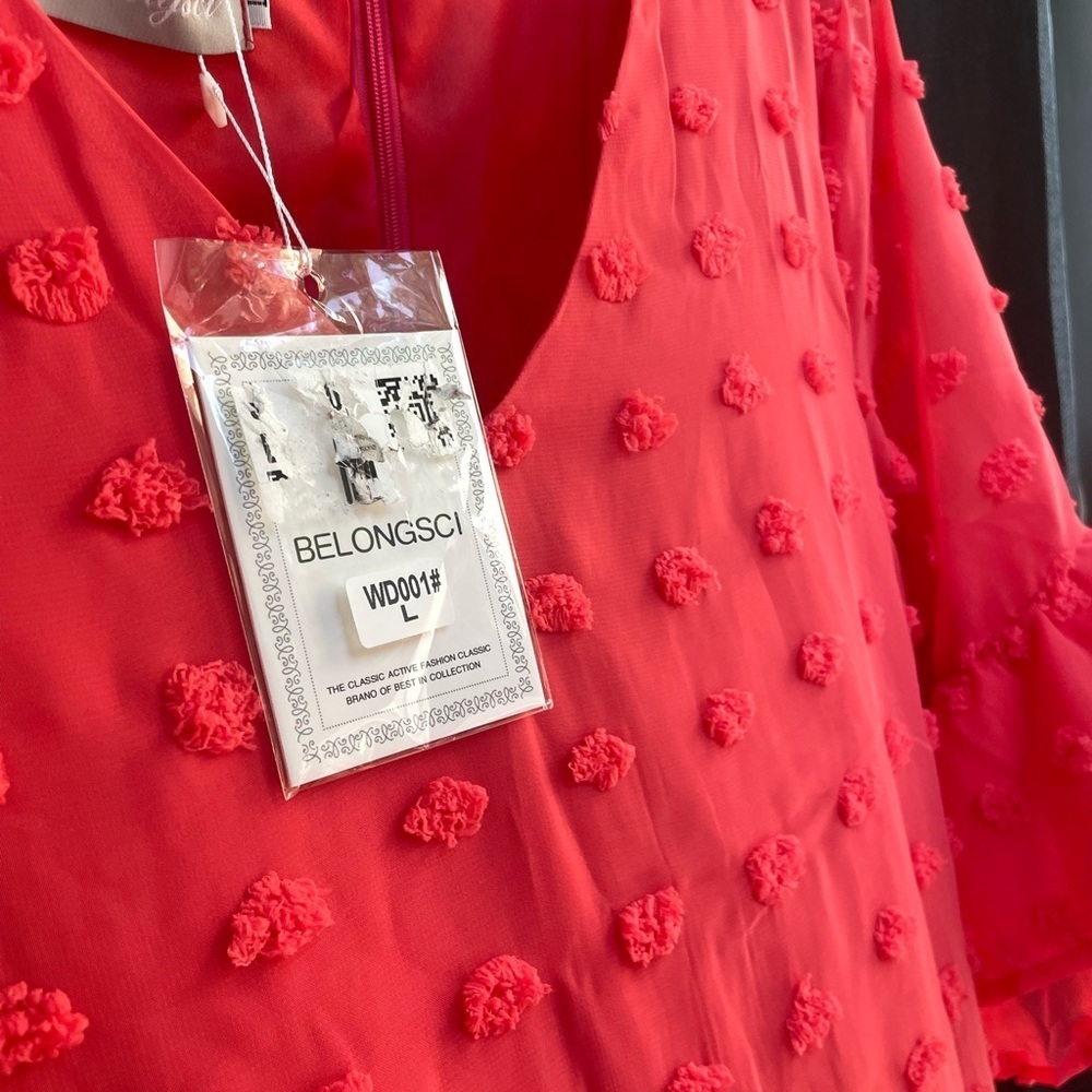 NEW Belongsci Bright Coral Swiss Dot Ruffle Sleeve Mini Dress Size Large - Picture 6 of 16